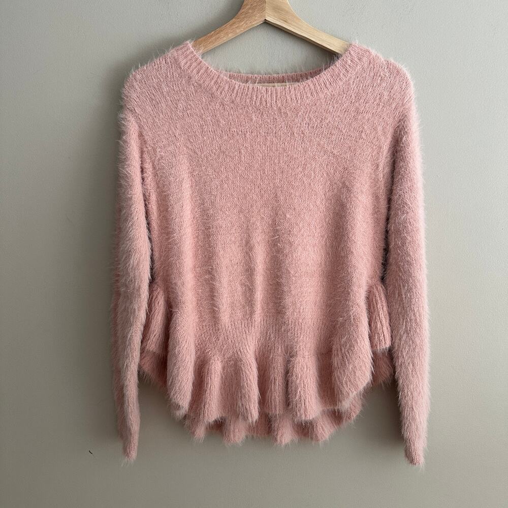English Factory Pink Peplum Ruffle Sweater Fuzzy Knit Top Eyelash S Small